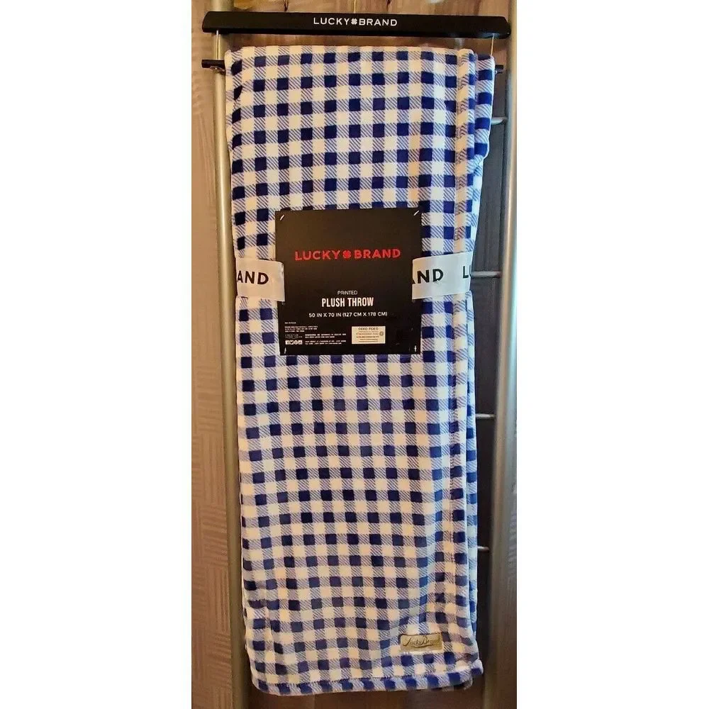 Lucky Brand Blue White‎ Check Super Soft Plush Printed Throw Blanket 50